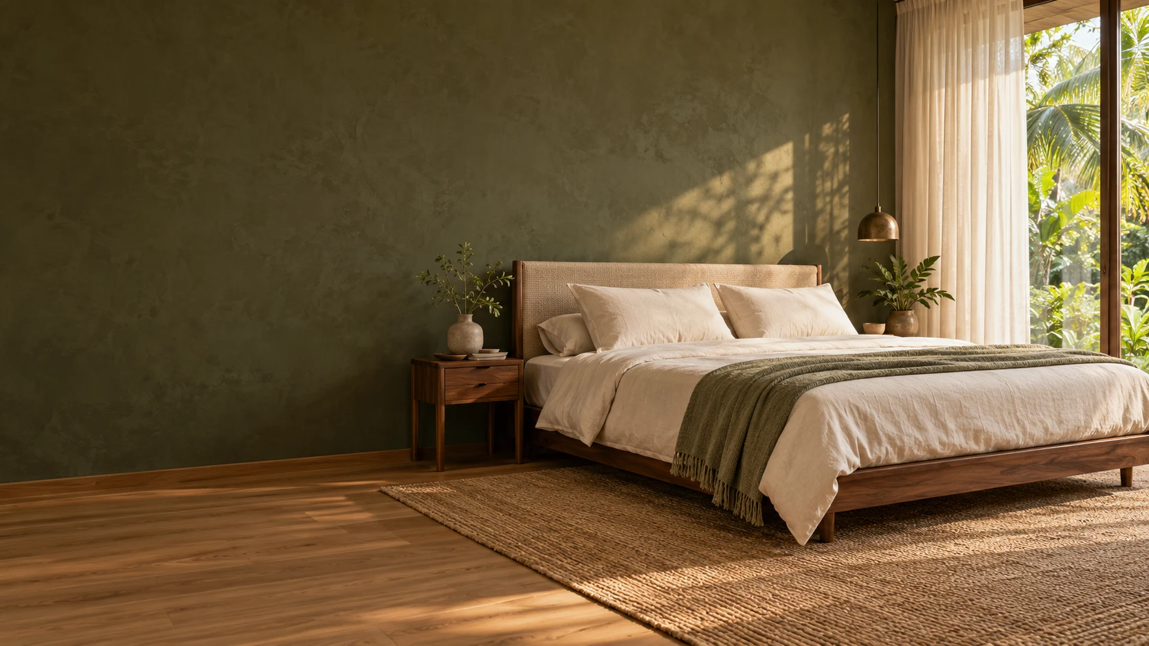 An ivory linen bed beside a sunlit window, with warm walnut furniture and a calm olive wall