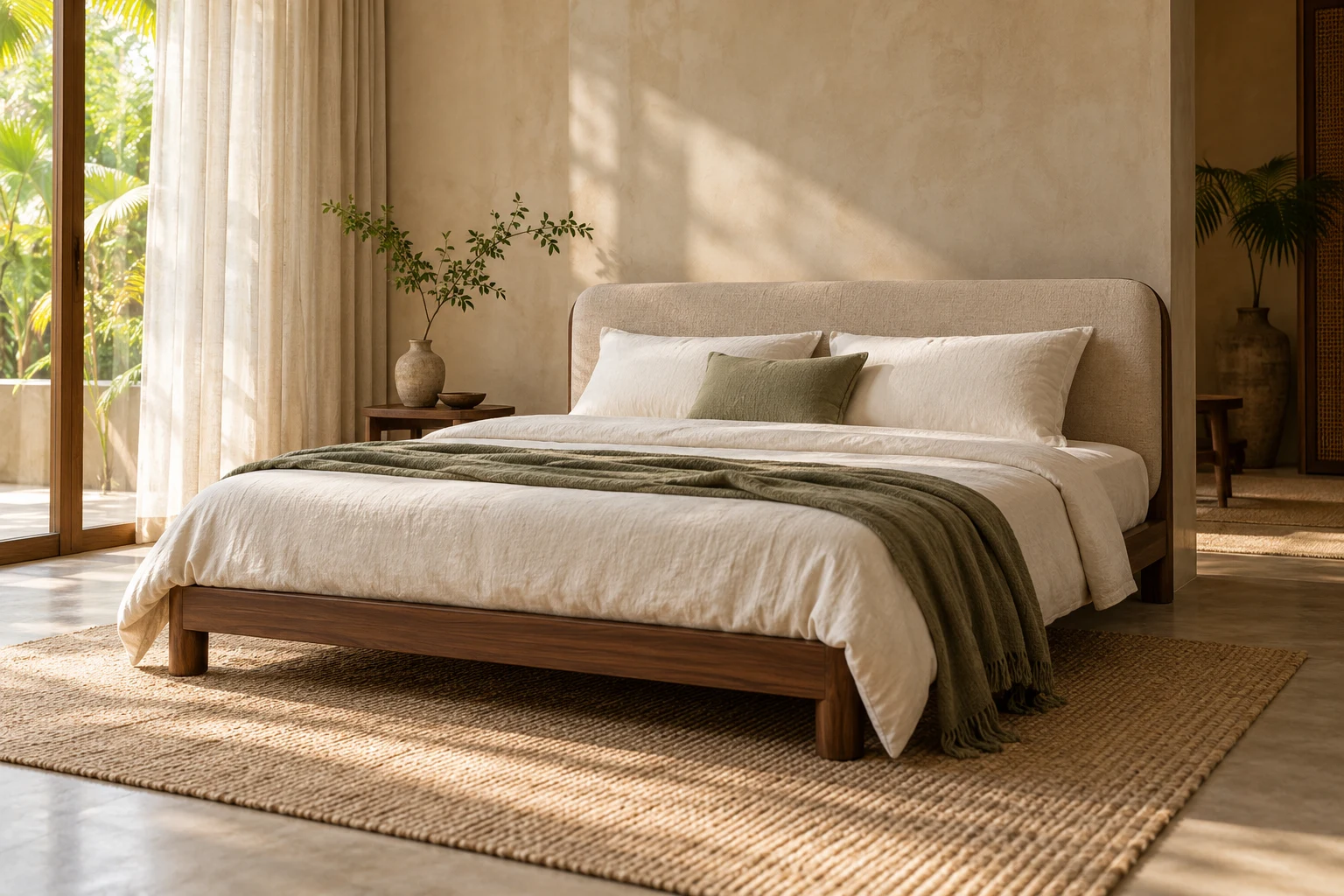 Warm sunlight falling across ivory bedding and an olive throw in a peaceful bedroom